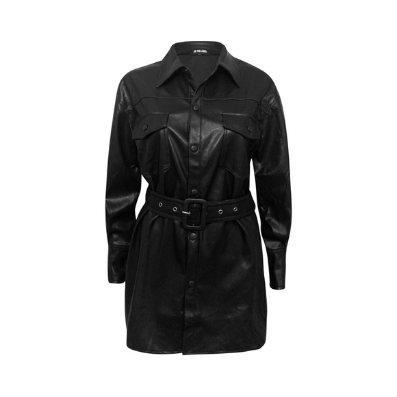 Vegan Faux Leather Oversized Black Belted Blazer Jacket Dress - Picture 1 of 5